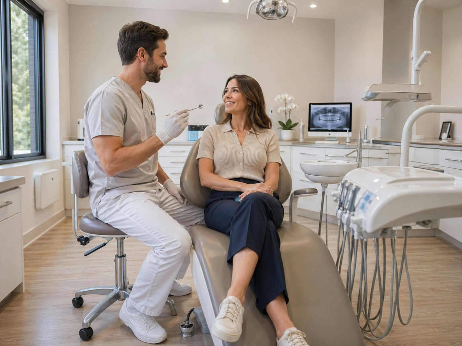 A dentist reviewing a treatment plan with a patient in a modern practice